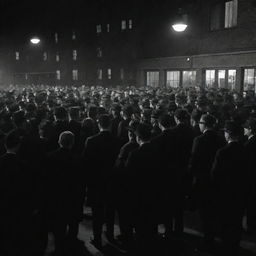 An intriguing scene of hundreds of detectives in mid-century attire, engrossed in their individual investigations with a backdrop of a dimly lit noir-style police station.