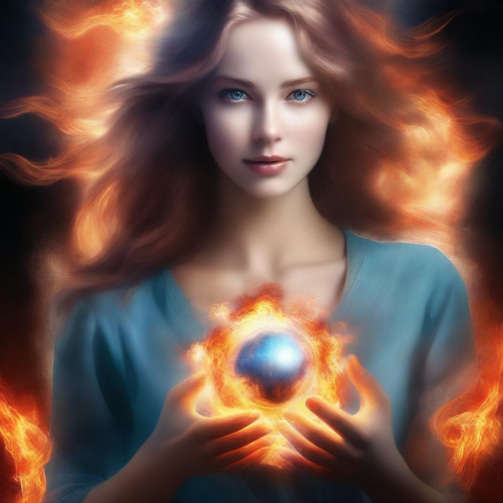 Create a digital art book cover depicting a woman with light blue eyes and light brown hair engulfed in fire