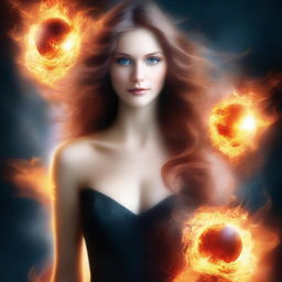 Create a digital art book cover depicting a woman with light blue eyes and light brown hair engulfed in fire