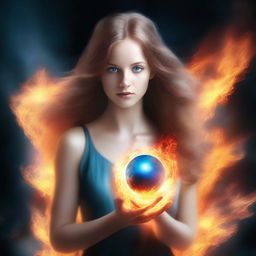 Create a digital art book cover depicting a woman with light blue eyes and light brown hair engulfed in fire