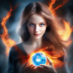 Create a digital art book cover depicting a woman with light blue eyes and light brown hair engulfed in fire