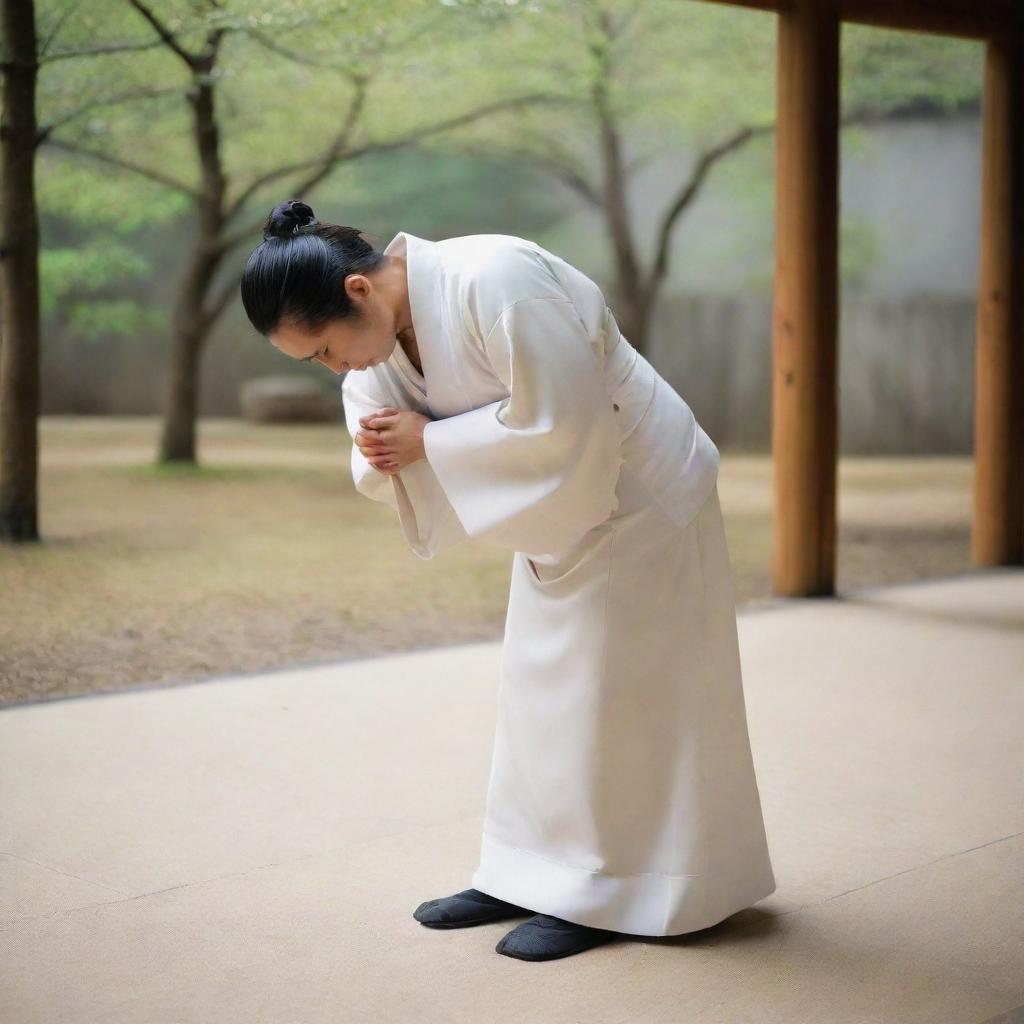 A respectful traditional Japanese person in attire from historical times, bowing in a formal greeting