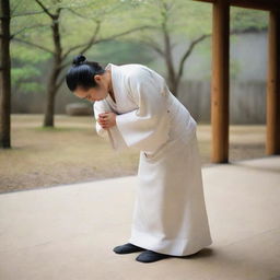 A respectful traditional Japanese person in attire from historical times, bowing in a formal greeting