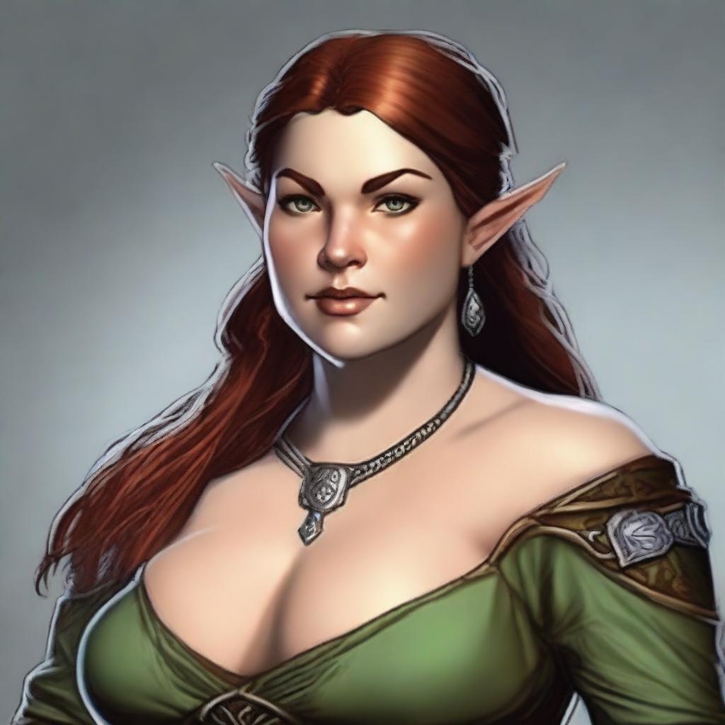 Generate an image of a full-figured female half-elf from the Dungeons & Dragons universe