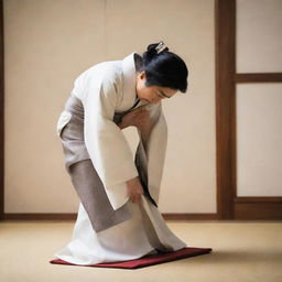 A respectful traditional Japanese person in attire from historical times, bowing in a formal greeting