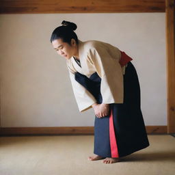 A respectful traditional Japanese person in attire from historical times, bowing in a formal greeting