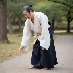 A respectful traditional Japanese person in attire from historical times, bowing in a formal greeting