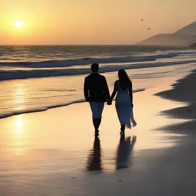 The sunset cast a romantic hemin glow over the beach, making it a perfect setting for a romantic evening walk.