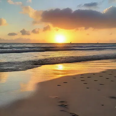 The sunset cast a romantic hemin glow over the beach, making it a perfect setting for a romantic evening walk.