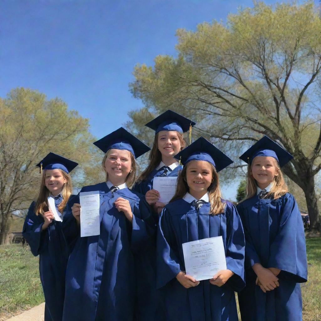 A graduation ceremony filled with future detectives, proudly wearing their caps and gowns, proudly holding their diplomas under a blue sky.