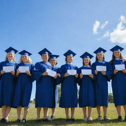 A graduation ceremony filled with future detectives, proudly wearing their caps and gowns, proudly holding their diplomas under a blue sky.