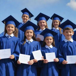 A graduation ceremony filled with future detectives, proudly wearing their caps and gowns, proudly holding their diplomas under a blue sky.