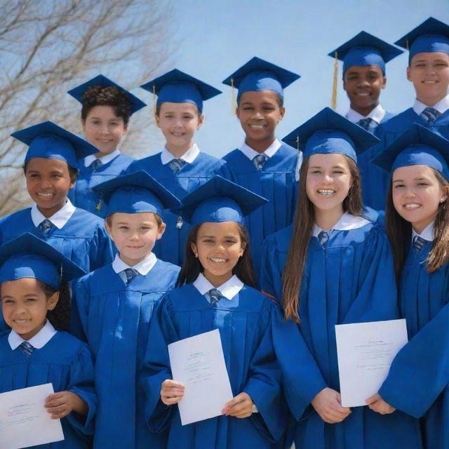 A graduation ceremony filled with future detectives, proudly wearing their caps and gowns, proudly holding their diplomas under a blue sky.