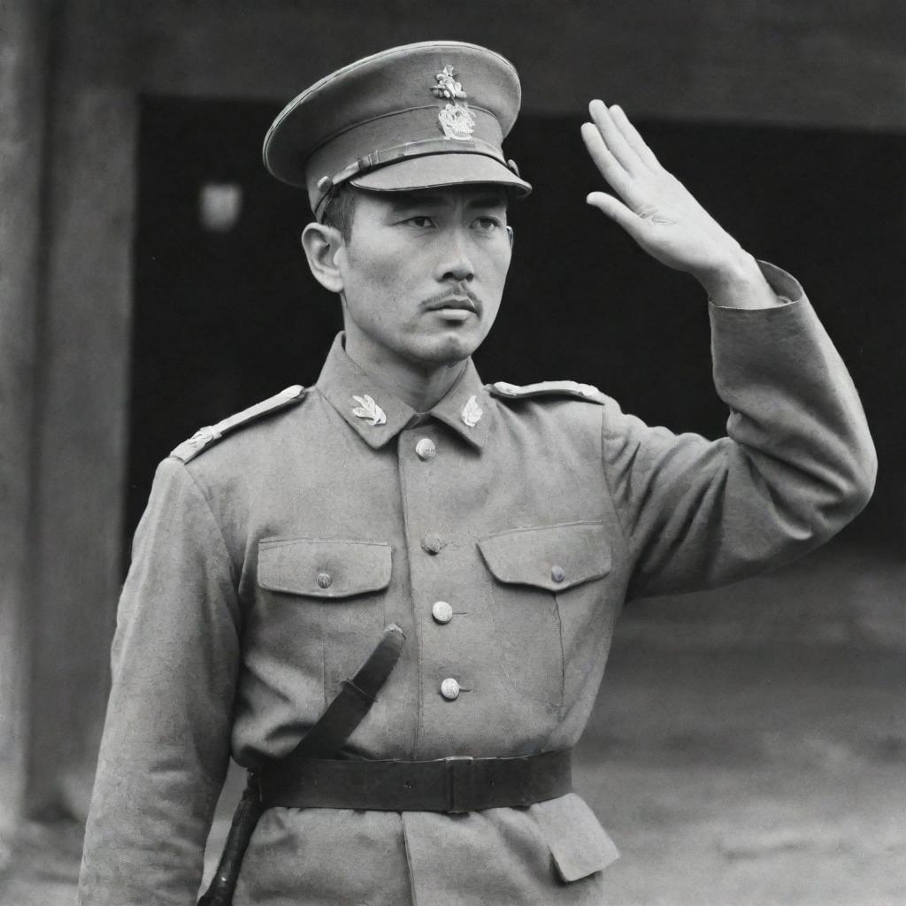 A disciplined Japanese soldier from historical times standing at attention giving a salute