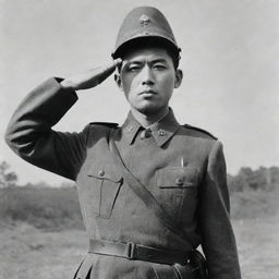 A disciplined Japanese soldier from historical times standing at attention giving a salute