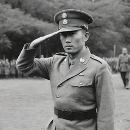 A disciplined Japanese soldier from historical times standing at attention giving a salute