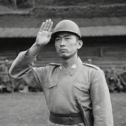 A disciplined Japanese soldier from historical times standing at attention giving a salute