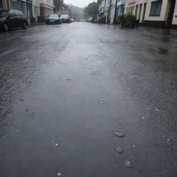 A gloomy day with heavy, grey rain clouds looming in the sky, raindrops falling steadily onto the wet streets, causing tiny ripples in the puddles.