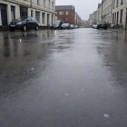 A gloomy day with heavy, grey rain clouds looming in the sky, raindrops falling steadily onto the wet streets, causing tiny ripples in the puddles.