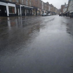 A gloomy day with heavy, grey rain clouds looming in the sky, raindrops falling steadily onto the wet streets, causing tiny ripples in the puddles.