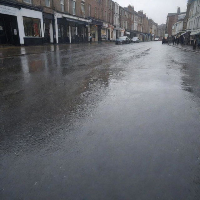 A gloomy day with heavy, grey rain clouds looming in the sky, raindrops falling steadily onto the wet streets, causing tiny ripples in the puddles.