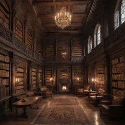 An enchanting library hidden away from the world. It's filled with ancient books, mysterious artifacts, and a soft magical glow, casting intricate shadows.