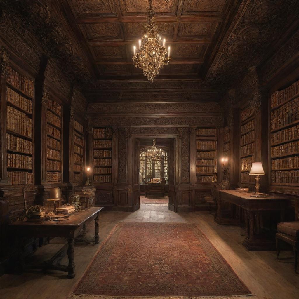 An enchanting library hidden away from the world. It's filled with ancient books, mysterious artifacts, and a soft magical glow, casting intricate shadows.