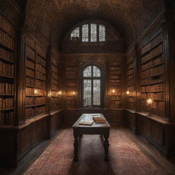 An enchanting library hidden away from the world. It's filled with ancient books, mysterious artifacts, and a soft magical glow, casting intricate shadows.