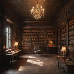 An enchanting library hidden away from the world. It's filled with ancient books, mysterious artifacts, and a soft magical glow, casting intricate shadows.