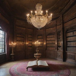 An exceptionally magical secret library, steeped in powerful enchantments. Ancient books levitate, orbs of light float gently, mysterious artefacts pulsate with magic, all underneath a grand sparkling chandelier.