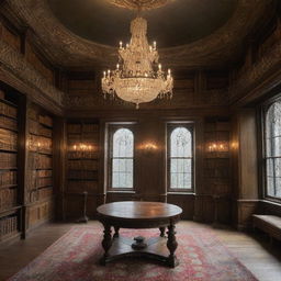 An exceptionally magical secret library, steeped in powerful enchantments. Ancient books levitate, orbs of light float gently, mysterious artefacts pulsate with magic, all underneath a grand sparkling chandelier.