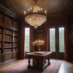 An exceptionally magical secret library, steeped in powerful enchantments. Ancient books levitate, orbs of light float gently, mysterious artefacts pulsate with magic, all underneath a grand sparkling chandelier.