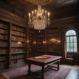 An exceptionally magical secret library, steeped in powerful enchantments. Ancient books levitate, orbs of light float gently, mysterious artefacts pulsate with magic, all underneath a grand sparkling chandelier.