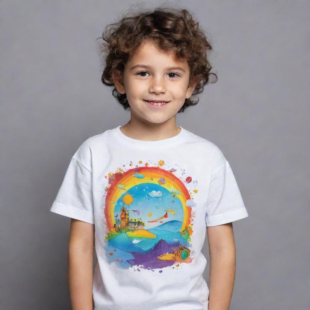 Develop a unique and imaginative t-shirt design suitable for kids up to 15 years old. The design should be visually engaging, playful, and captivating enough to attract a young audience's interest and imagination.