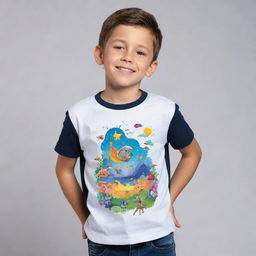 Develop a unique and imaginative t-shirt design suitable for kids up to 15 years old. The design should be visually engaging, playful, and captivating enough to attract a young audience's interest and imagination.