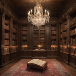 An exceptionally magical secret library with books that shine with their own mystical light. The books levitate, their pages shimmering, while magical artifacts pulsate with arcane energy under the crystal chandelier's ethereal glow.