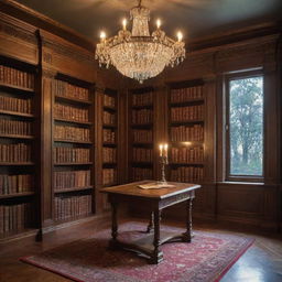 An exceptionally magical secret library with books that shine with their own mystical light. The books levitate, their pages shimmering, while magical artifacts pulsate with arcane energy under the crystal chandelier's ethereal glow.