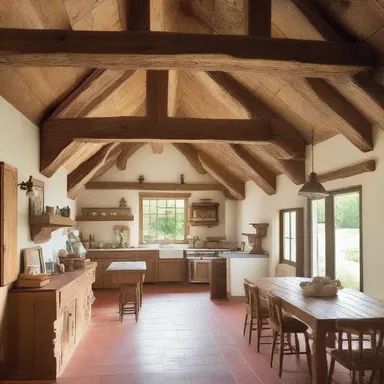 The mellowed wooden beams in the rustic farmhouse give it a warm and inviting atmosphere.