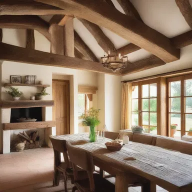 The mellowed wooden beams in the rustic farmhouse give it a warm and inviting atmosphere.