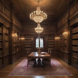 An exceptionally magical secret library with books that shine with their own mystical light. The books levitate, their pages shimmering, while magical artifacts pulsate with arcane energy under the crystal chandelier's ethereal glow.