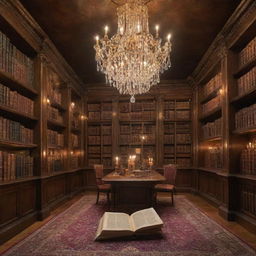 An exceptionally magical secret library with books that shine with their own mystical light. The books levitate, their pages shimmering, while magical artifacts pulsate with arcane energy under the crystal chandelier's ethereal glow.