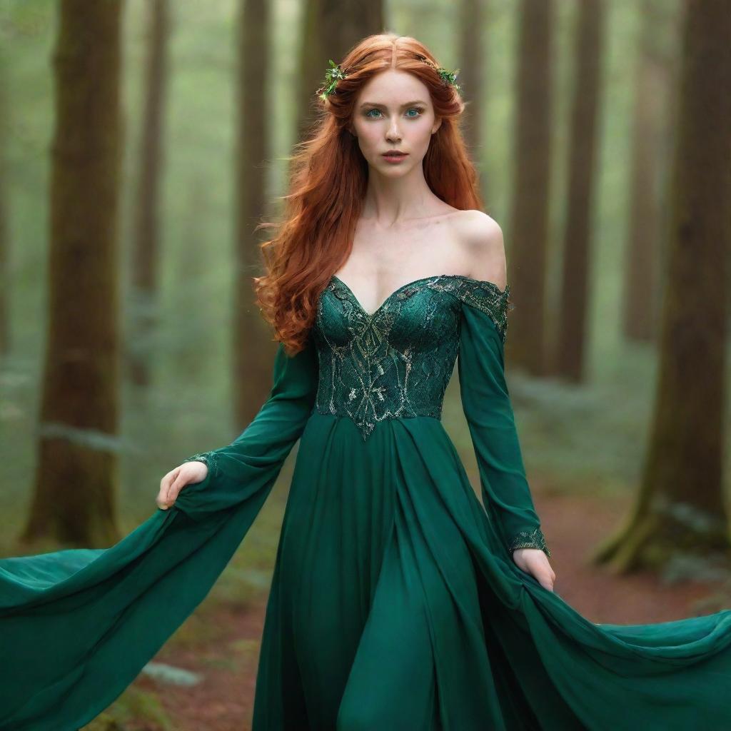 A graceful elf girl with long pointed ears, emerald eyes and auburn hair flowing in the breeze. She is dressed in a radiant forest green gown, standing amidst an enchanted forest.