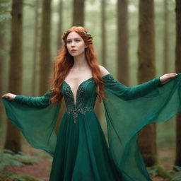 A graceful elf girl with long pointed ears, emerald eyes and auburn hair flowing in the breeze. She is dressed in a radiant forest green gown, standing amidst an enchanted forest.