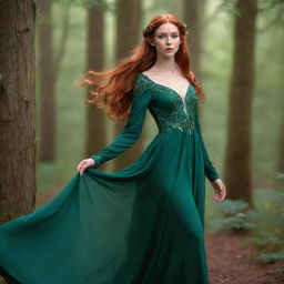 A graceful elf girl with long pointed ears, emerald eyes and auburn hair flowing in the breeze. She is dressed in a radiant forest green gown, standing amidst an enchanted forest.