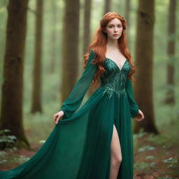 A graceful elf girl with long pointed ears, emerald eyes and auburn hair flowing in the breeze. She is dressed in a radiant forest green gown, standing amidst an enchanted forest.