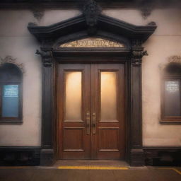 A magical door located at a busy train station, imbued with ancient magic and glowing with soft light amidst the swirling steam of passing trains.