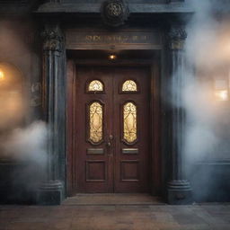 A magical door located at a busy train station, imbued with ancient magic and glowing with soft light amidst the swirling steam of passing trains.