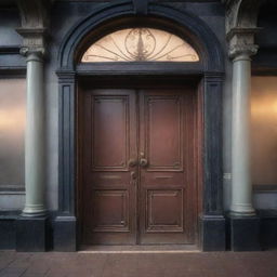 A magical door located at a busy train station, imbued with ancient magic and glowing with soft light amidst the swirling steam of passing trains.