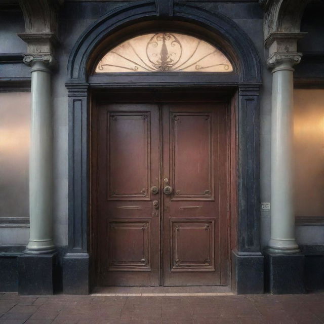 A magical door located at a busy train station, imbued with ancient magic and glowing with soft light amidst the swirling steam of passing trains.