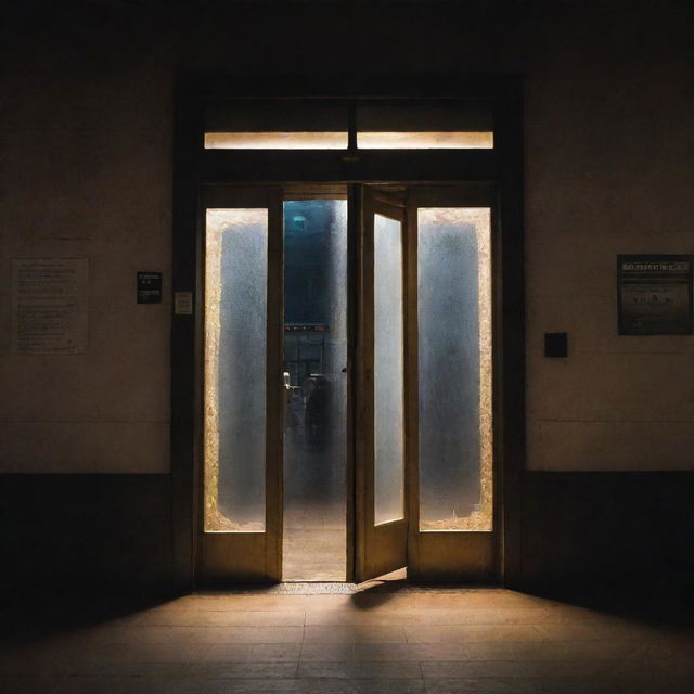 An enchanted door at a bustling train station magically swings open. As the door opens, it reveals an otherworldly glow that pierces the regularity of the station, capturing the awestruck glances of passing commuters.